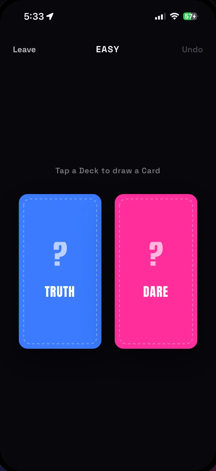 Level select screen, choosing between the Truth and Dare decks