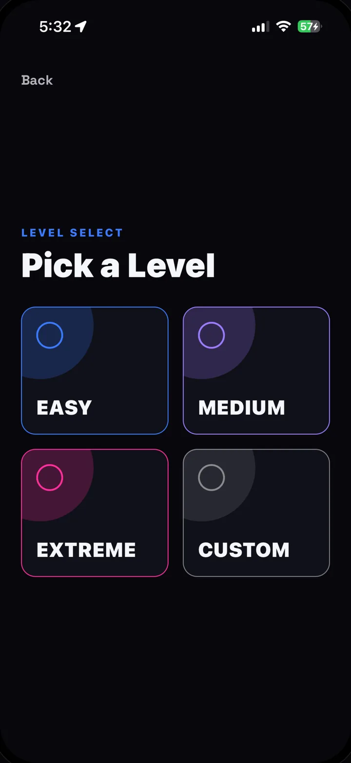 Level select screen with Easy, Medium, Extreme and Custom